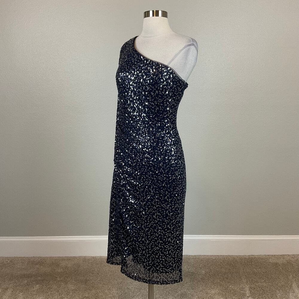 Betsy & Adam Blue Cocktail Dress Sequin One Shoulder Long Sleeve Sheath Size 10 - Picture 5 of 13